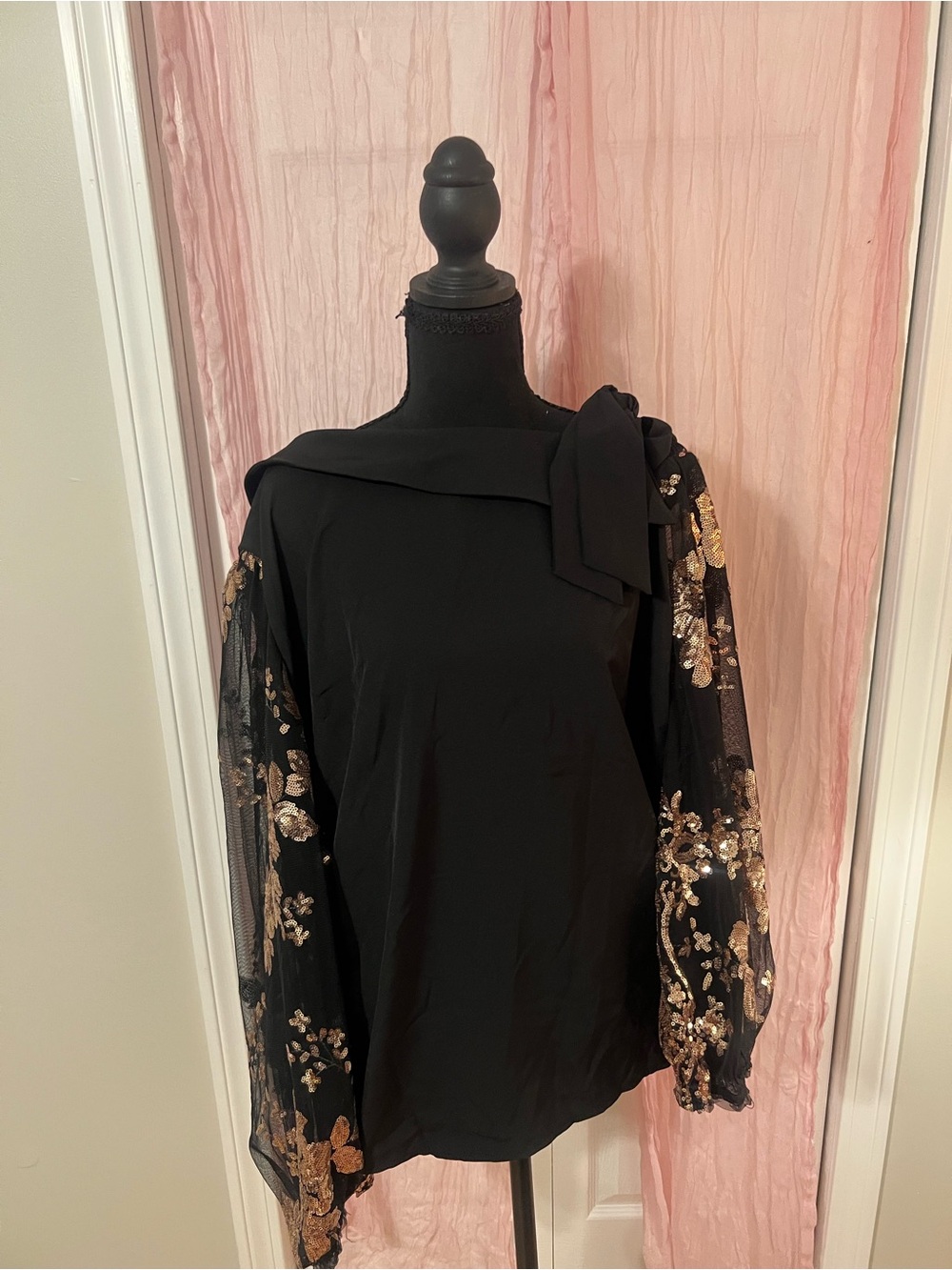 Black Top with Embroidered Gold Sequin Sleeves